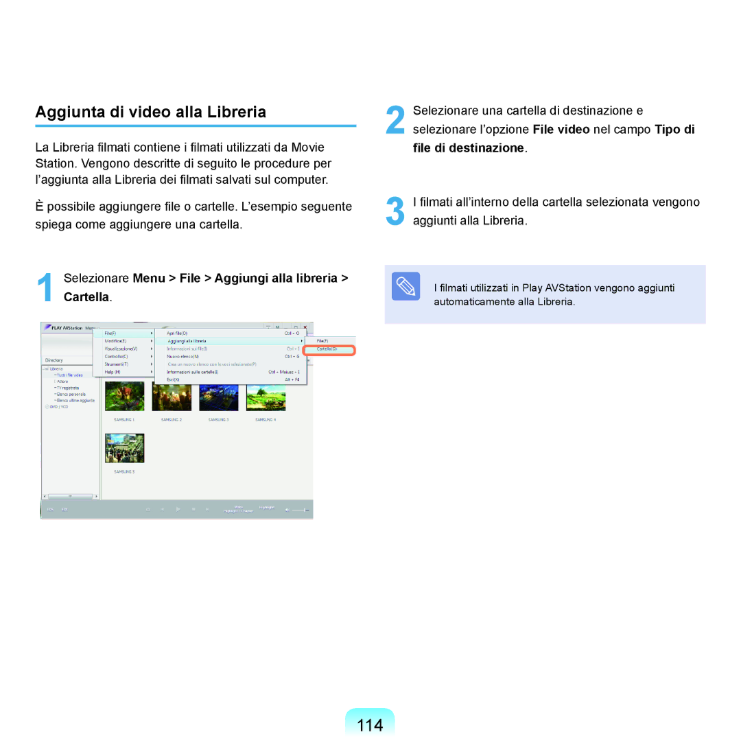 Samsung NP-Q70A000/SEI manual 114, Aggiunta di video alla Libreria, Selezionare Menu File Aggiungi alla libreria Cartella 