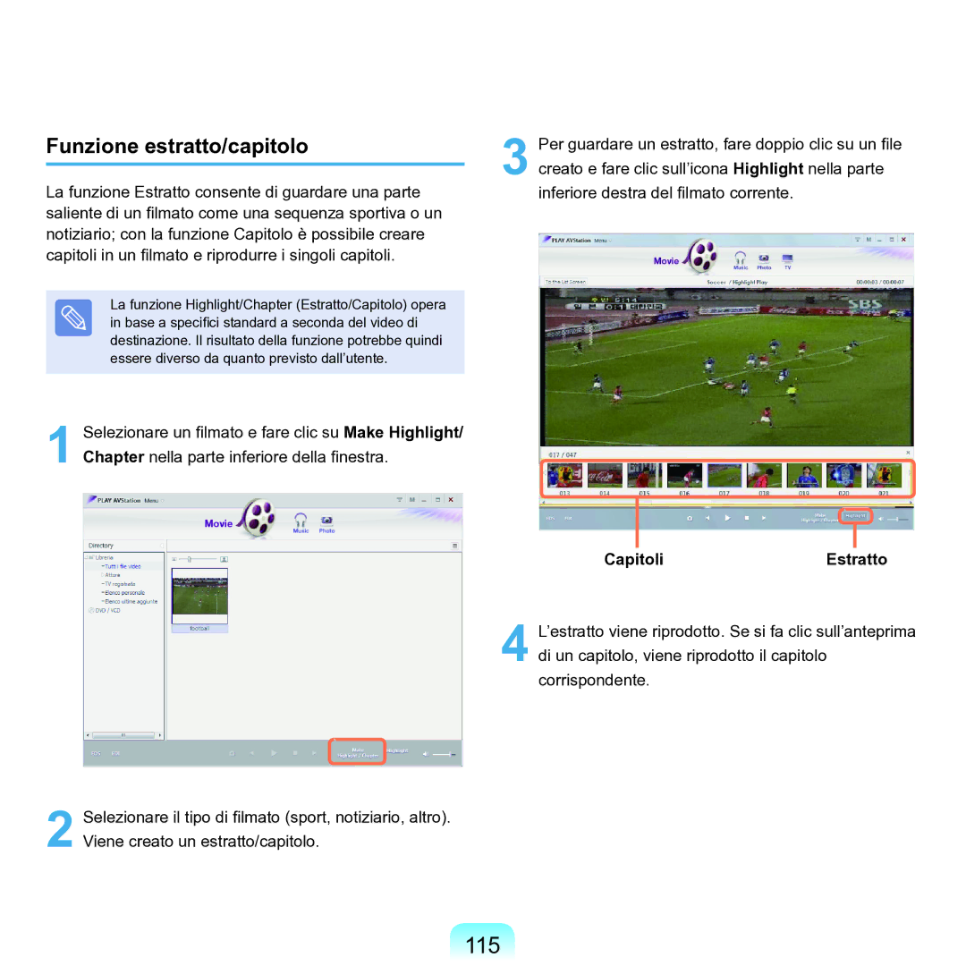 Samsung NP-Q70A000/SEI manual 115, Funzione estratto/capitolo, CapitoliEstratto 