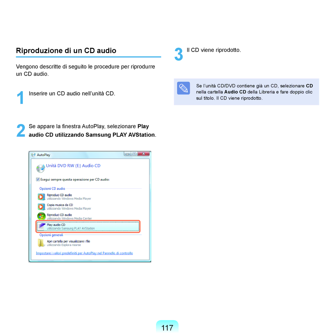 Samsung NP-Q70A000/SEI manual 117, Riproduzione di un CD audio 