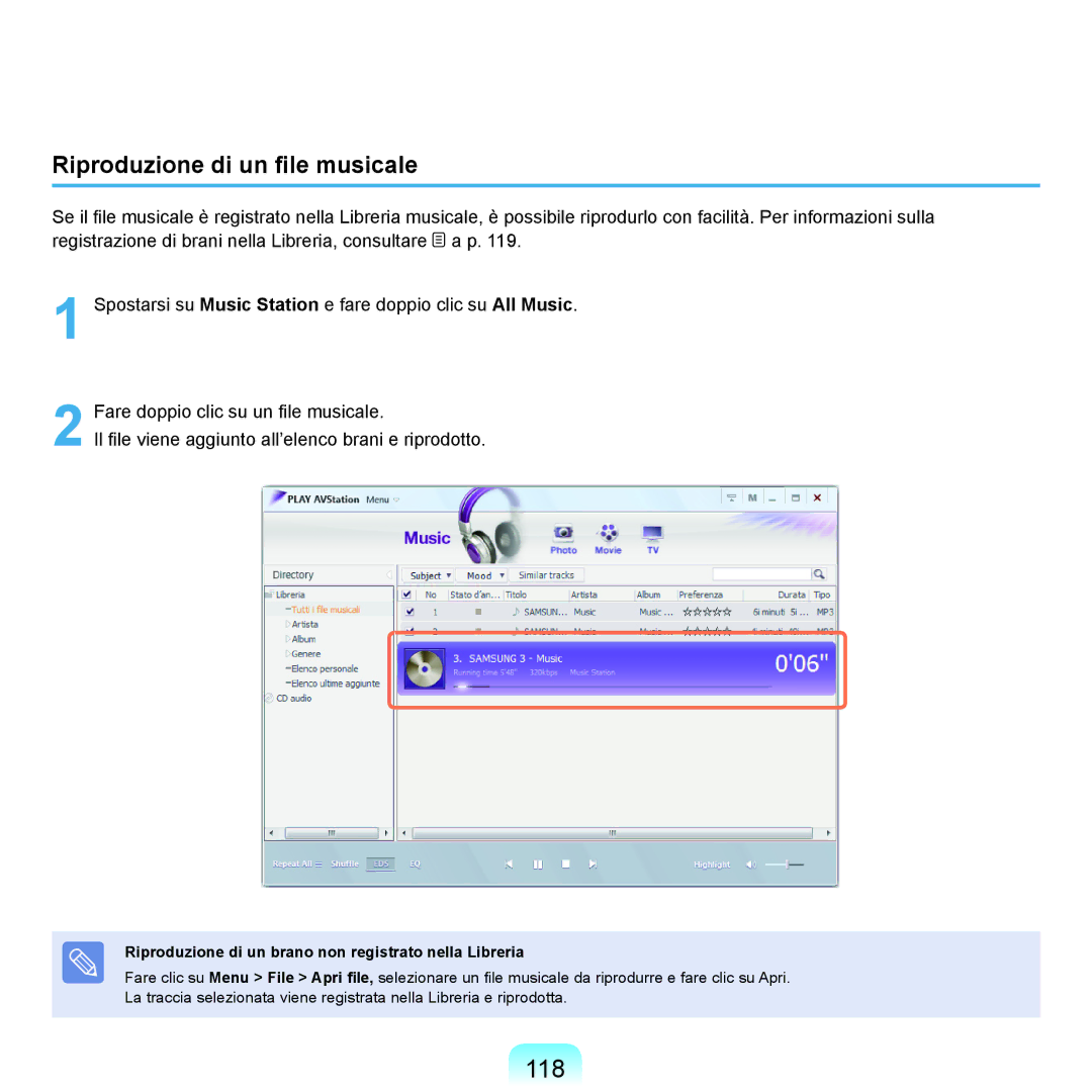 Samsung NP-Q70A000/SEI manual 118, Riproduzione di un file musicale, Riproduzione di un brano non registrato nella Libreria 