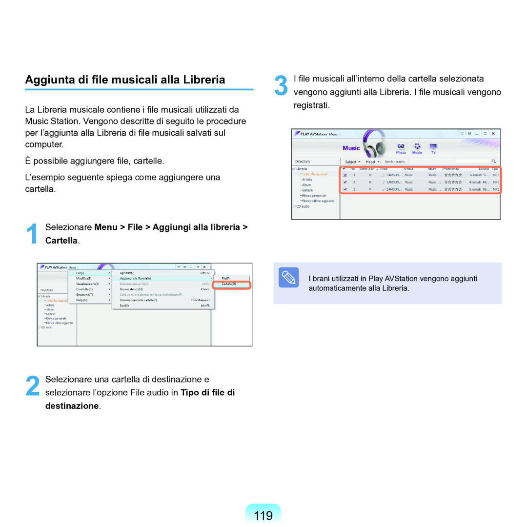 Samsung NP-Q70A000/SEI manual 119, Aggiunta di file musicali alla Libreria 
