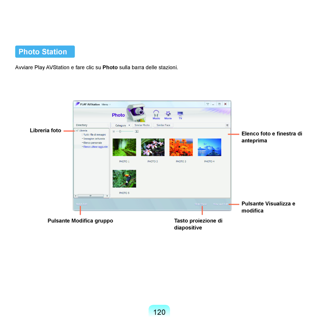 Samsung NP-Q70A000/SEI manual Photo Station, 120, Libreria foto Pulsante Modifica gruppo, Diapositive 