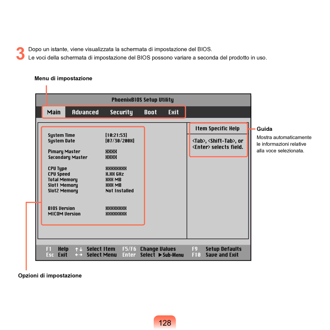 Samsung NP-Q70A000/SEI manual 128, Menu di impostazione Guida, Opzioni di impostazione 