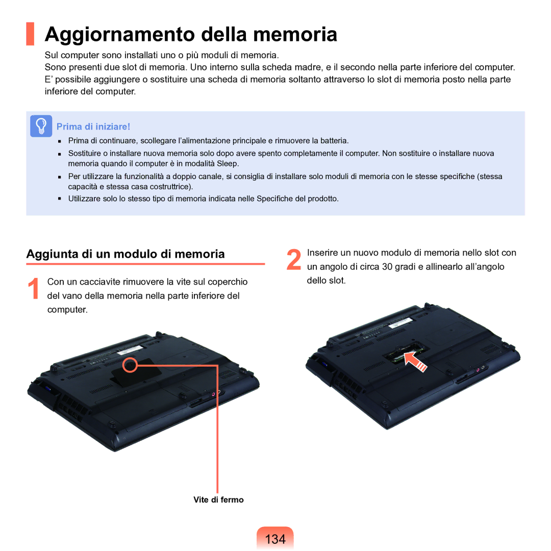 Samsung NP-Q70A000/SEI manual Aggiornamento della memoria, 134, Aggiunta di un modulo di memoria 