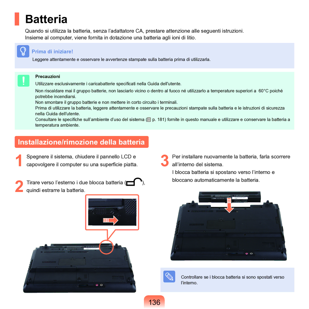 Samsung NP-Q70A000/SEI manual Batteria, Installazione/rimozione della batteria, 136, Precauzioni 