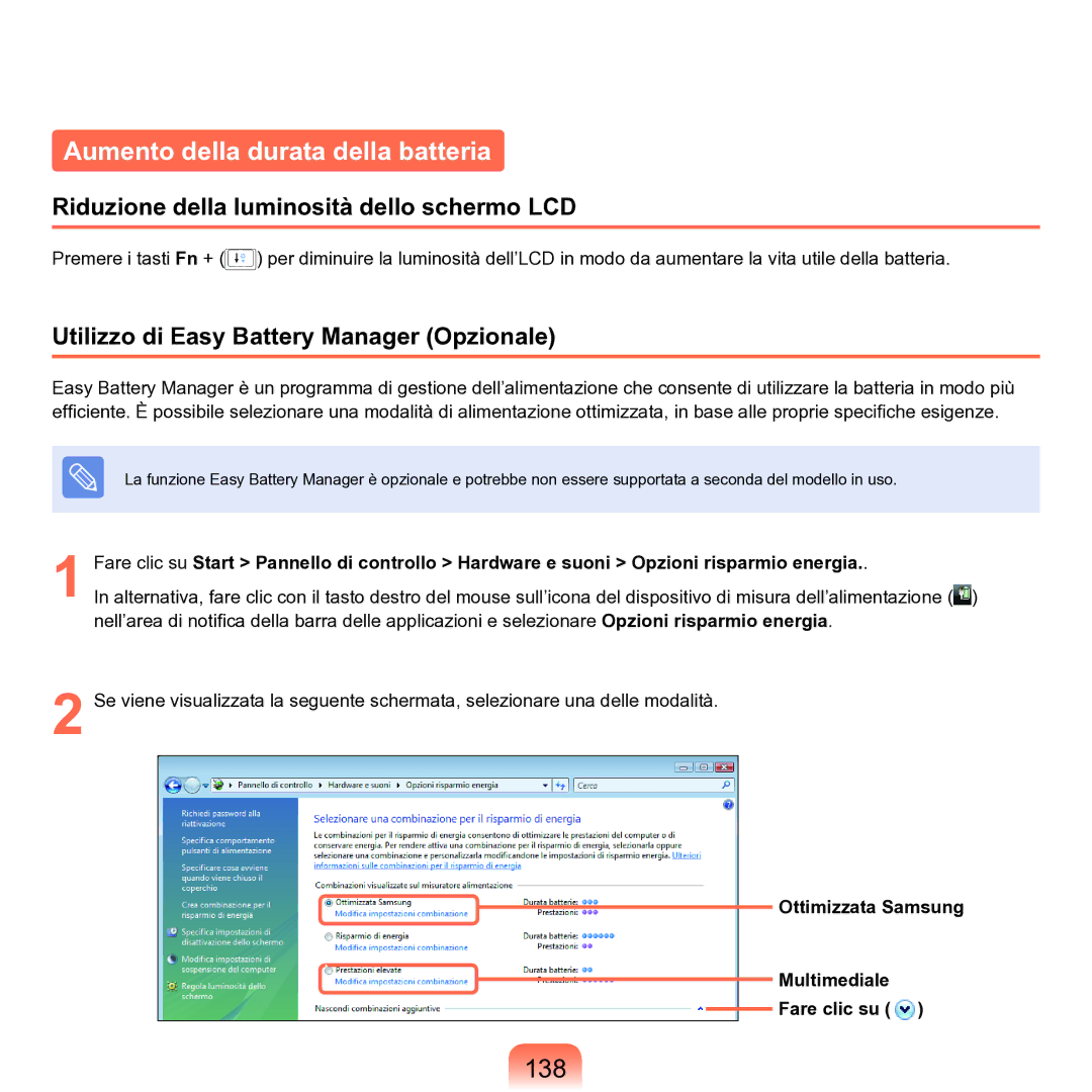 Samsung NP-Q70A000/SEI manual Aumento della durata della batteria, 138, Riduzione della luminosità dello schermo LCD 