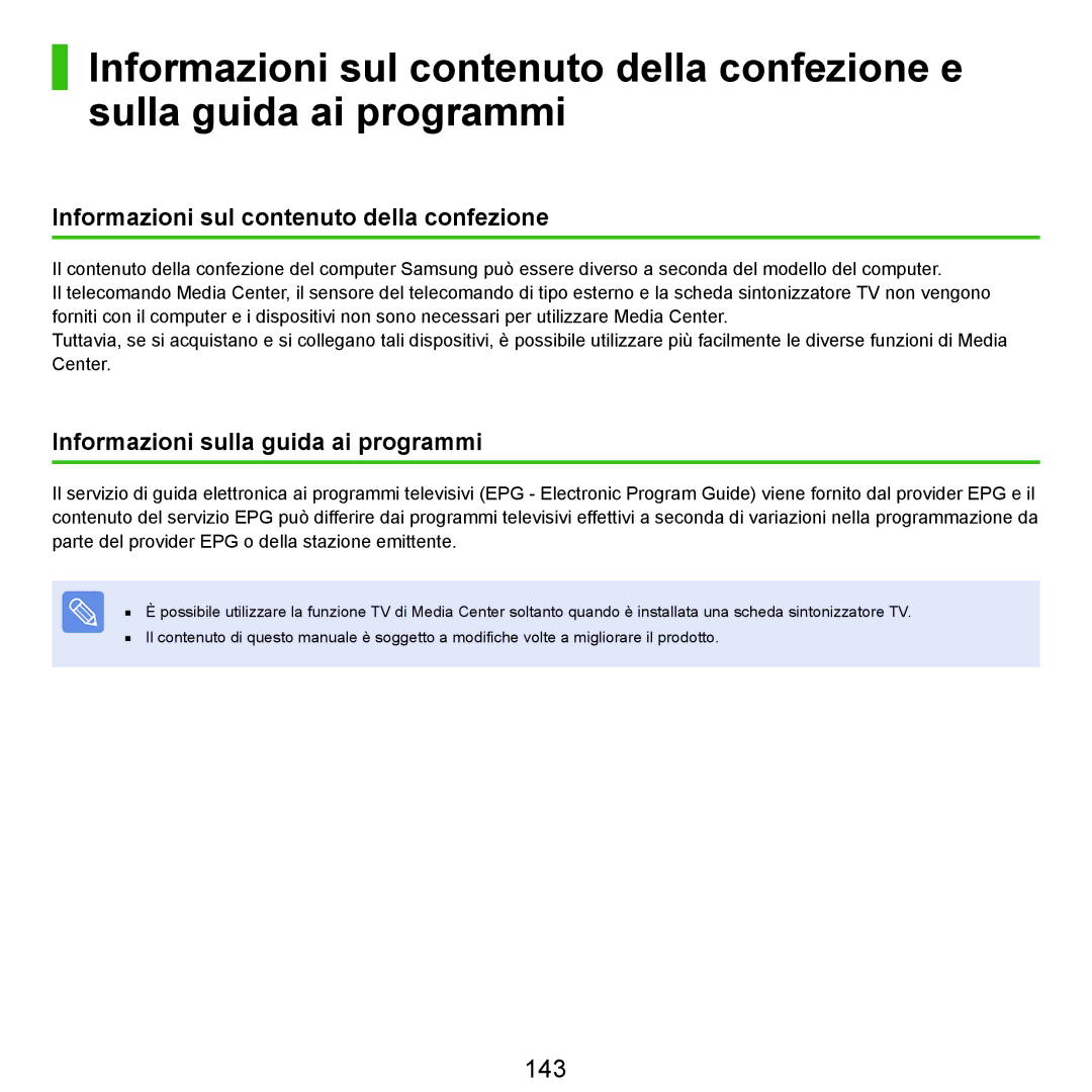 Samsung NP-Q70A000/SEI manual 143, Informazioni sul contenuto della confezione, Informazioni sulla guida ai programmi 