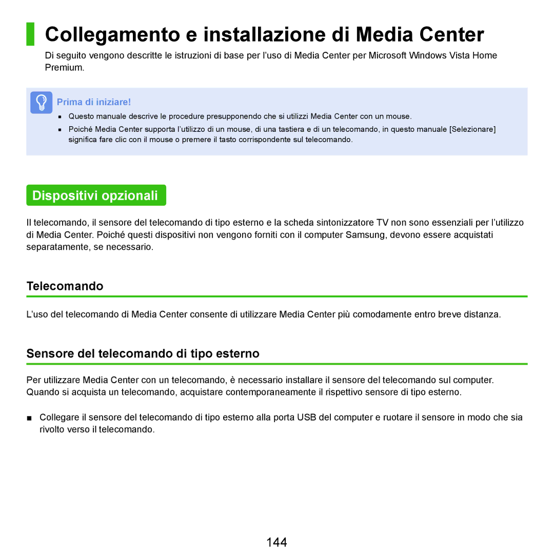 Samsung NP-Q70A000/SEI manual Collegamento e installazione di Media Center, Dispositivi opzionali, 144, Telecomando 