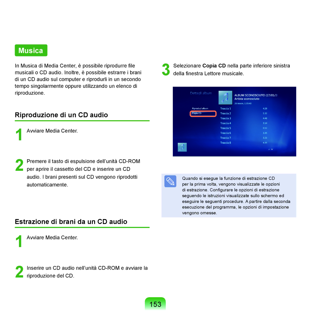 Samsung NP-Q70A000/SEI manual Musica, 153, Estrazione di brani da un CD audio 