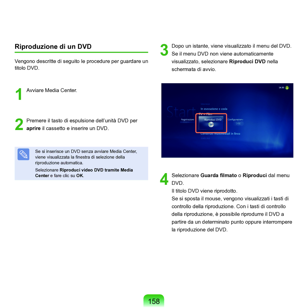 Samsung NP-Q70A000/SEI manual 158, Riproduzione di un DVD, Selezionare Guarda filmato o Riproduci dal menu DVD 