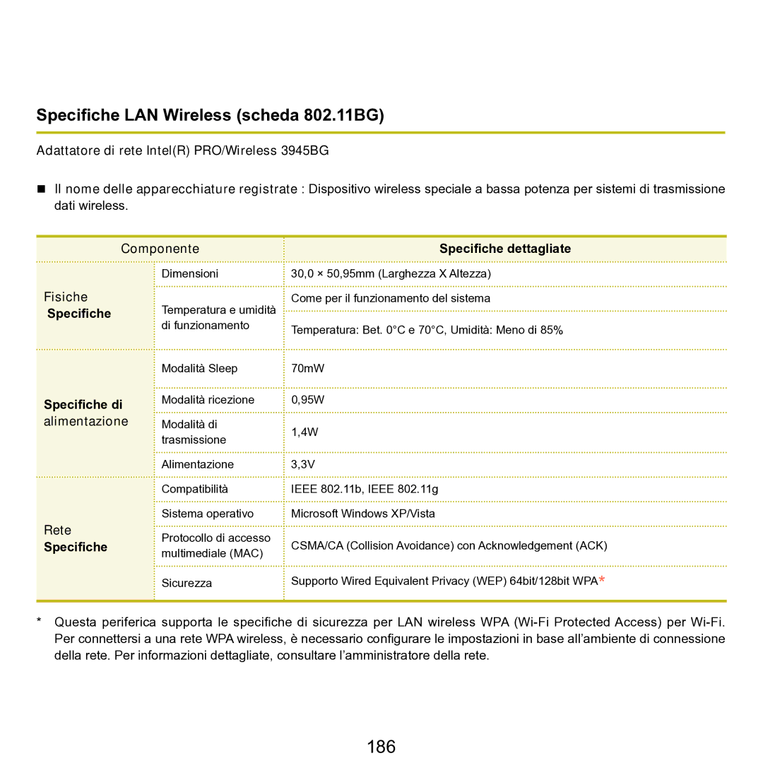 Samsung NP-Q70A000/SEI manual 186, Specifiche LAN Wireless scheda 802.11BG, Adattatore di rete IntelR PRO/Wireless 3945BG 