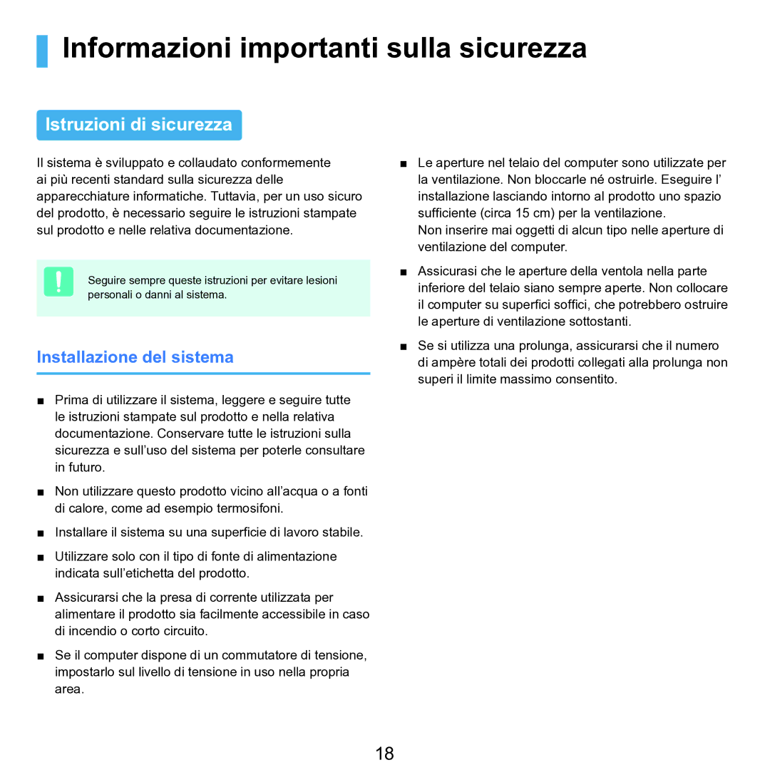 Samsung NP-Q70A000/SEI manual Informazioni importanti sulla sicurezza, Istruzioni di sicurezza, Installazione del sistema 