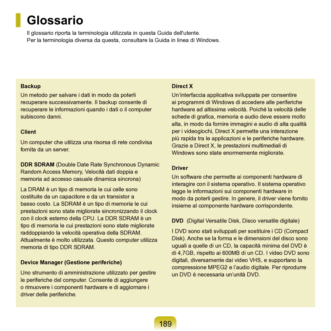 Samsung NP-Q70A000/SEI manual Glossario, 189 