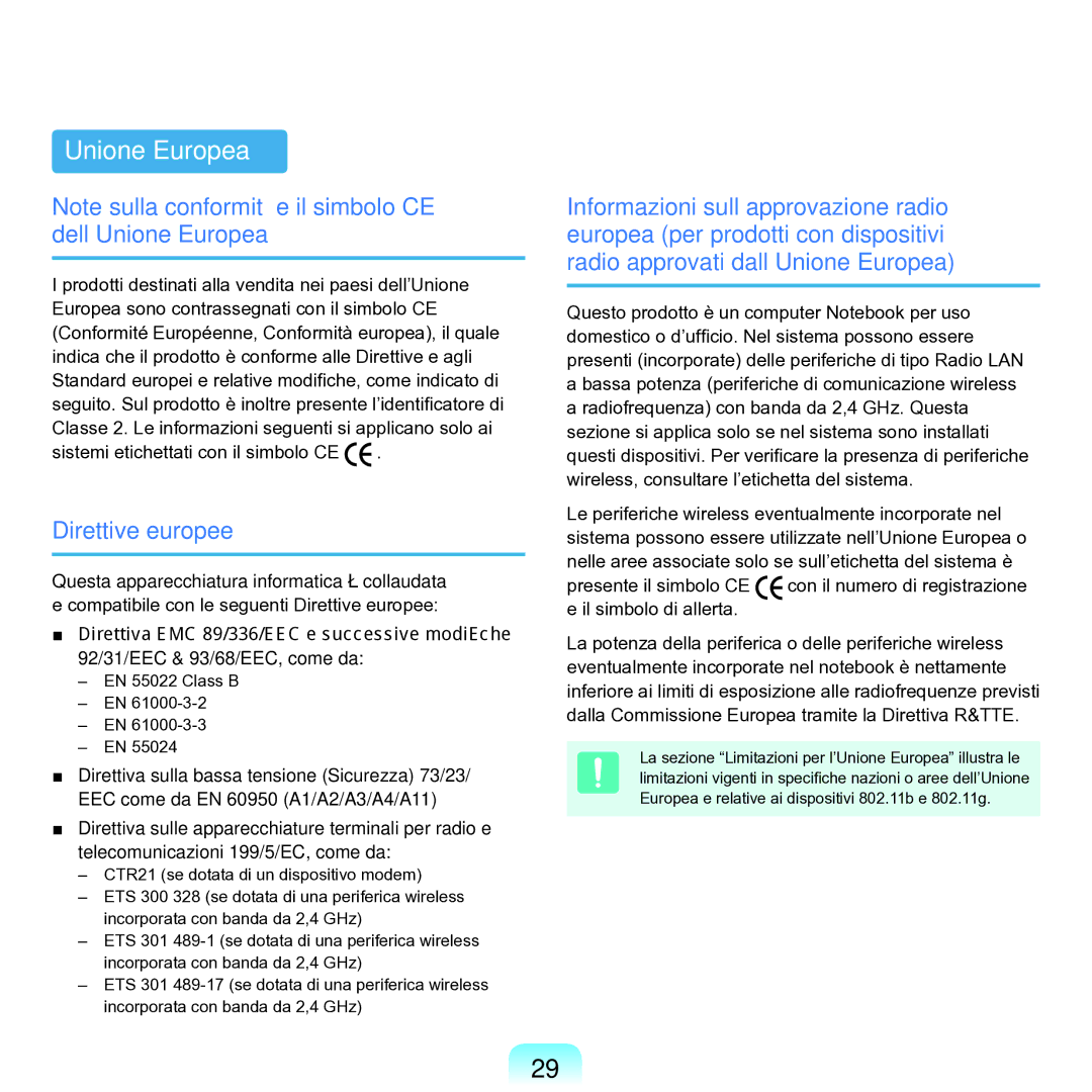 Samsung NP-Q70A000/SEI manual Unione Europea, Direttive europee 