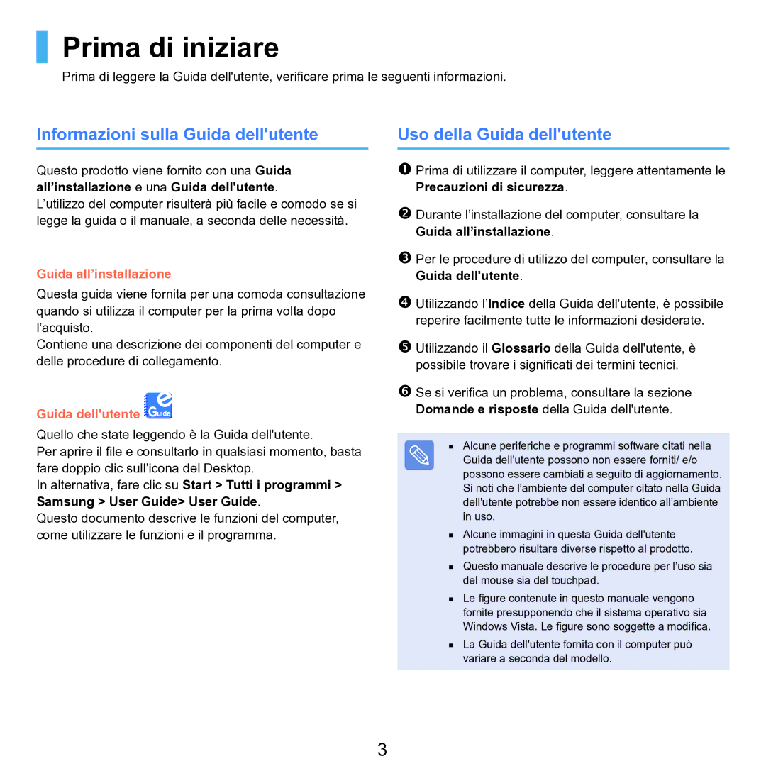 Samsung NP-Q70A000/SEI manual Prima di iniziare, Informazioni sulla Guida dellutente, Uso della Guida dellutente 