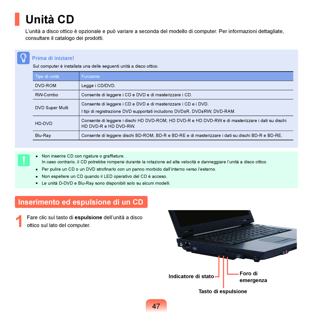 Samsung NP-Q70A000/SEI Unità CD, Inserimento ed espulsione di un CD, Indicatore di stato Foro di, Tasto di Espulsione 