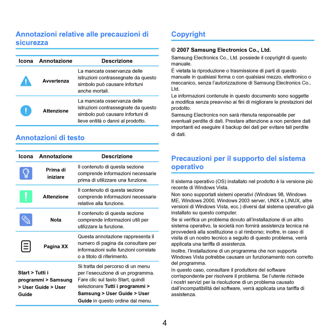 Samsung NP-Q70A000/SEI manual Annotazioni relative alle precauzioni di sicurezza, Annotazioni di testo, Copyright 