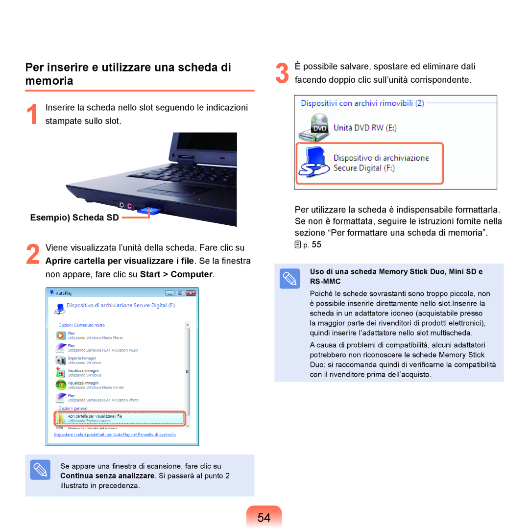 Samsung NP-Q70A000/SEI manual Per inserire e utilizzare una scheda di memoria, Esempio Scheda SD 