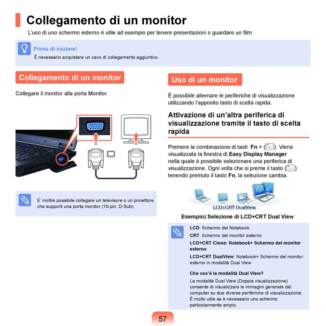 Samsung NP-Q70A000/SEI manual Collegamento di un monitor, Uso di un monitor, Esempio Selezione di LCD+CRT Dual View 