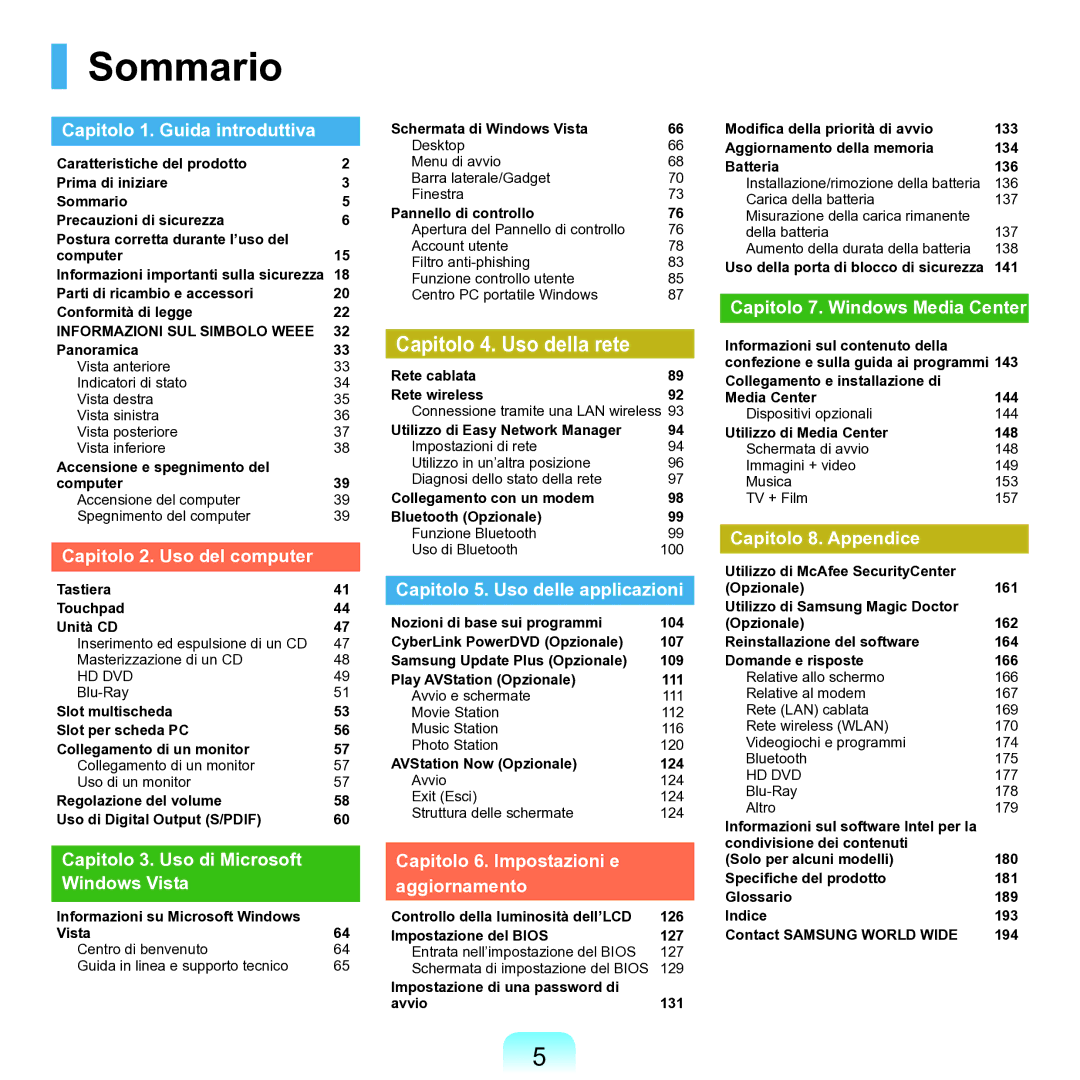 Samsung NP-Q70A000/SEI manual Sommario 