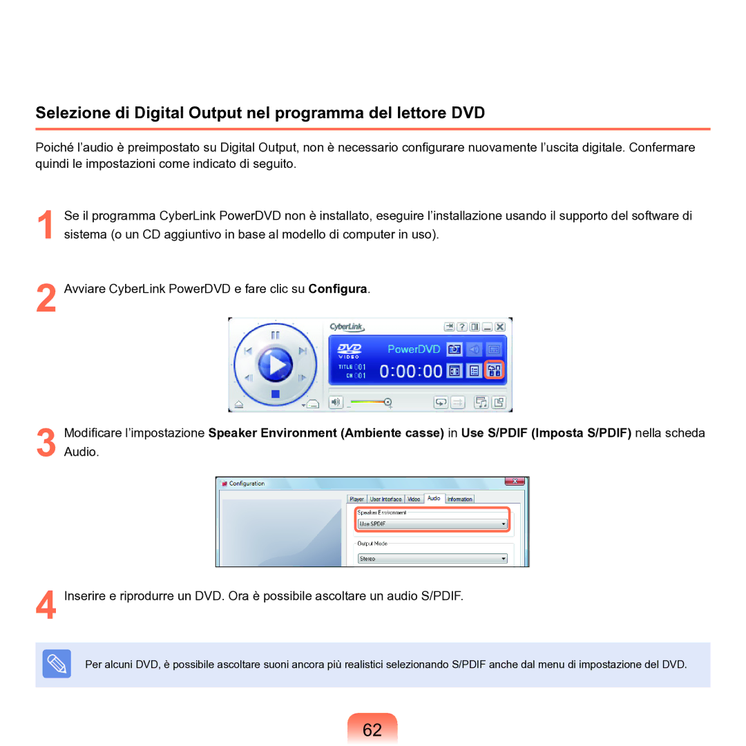 Samsung NP-Q70A000/SEI manual Selezione di Digital Output nel programma del lettore DVD 