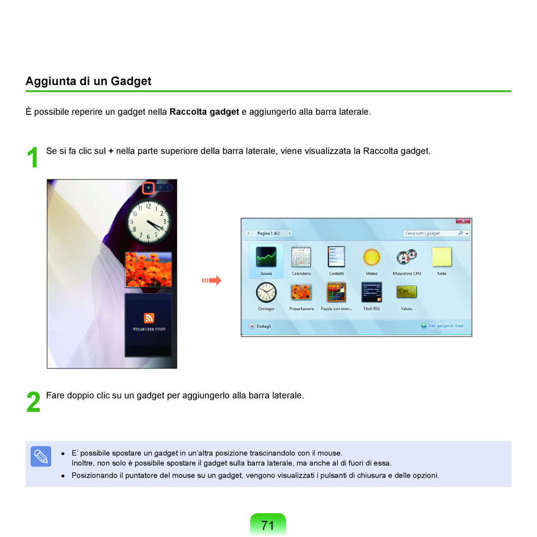 Samsung NP-Q70A000/SEI manual Aggiunta di un Gadget 