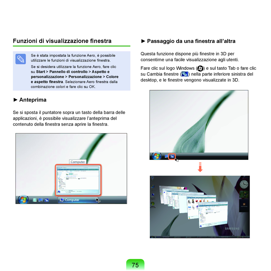 Samsung NP-Q70A000/SEI manual Funzioni di visualizzazione finestra, Anteprima 