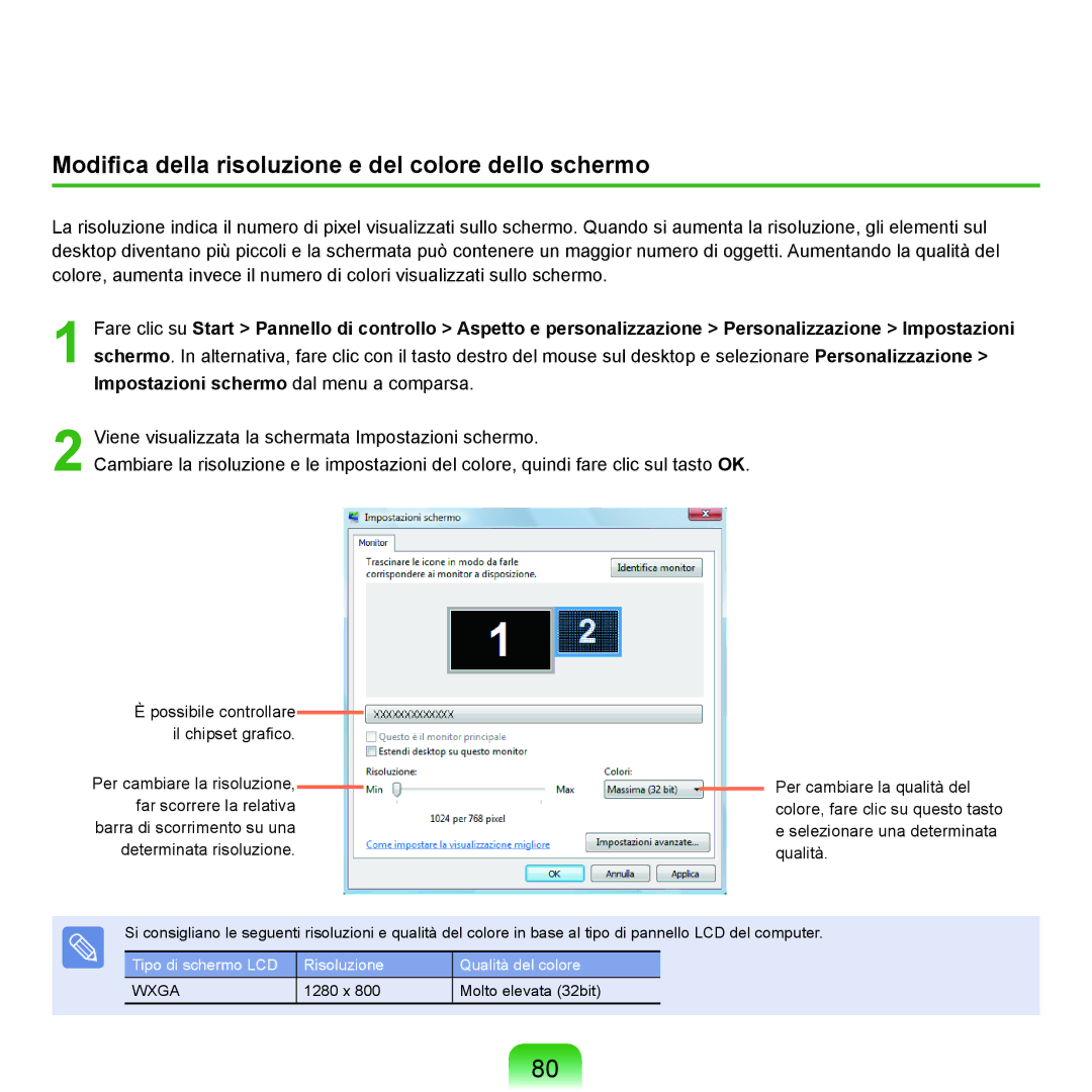 Samsung NP-Q70A000/SEI manual Modifica della risoluzione e del colore dello schermo 