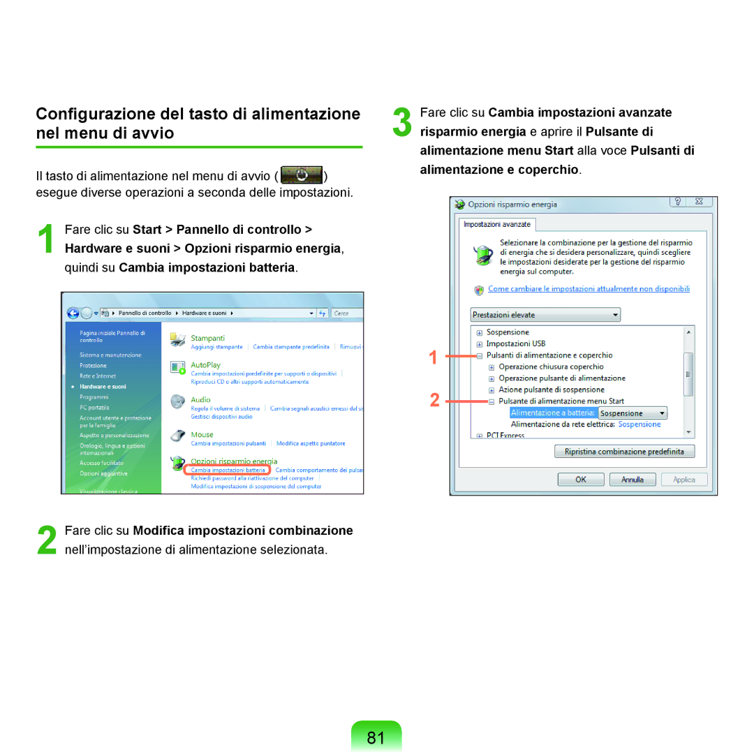 Samsung NP-Q70A000/SEI manual Configurazione del tasto di alimentazione nel menu di avvio 