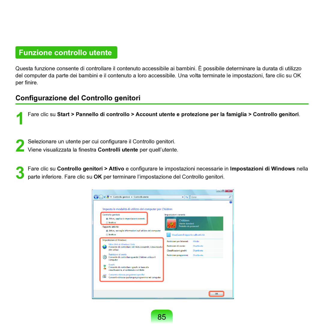 Samsung NP-Q70A000/SEI manual Funzione controllo utente, Configurazione del Controllo genitori 