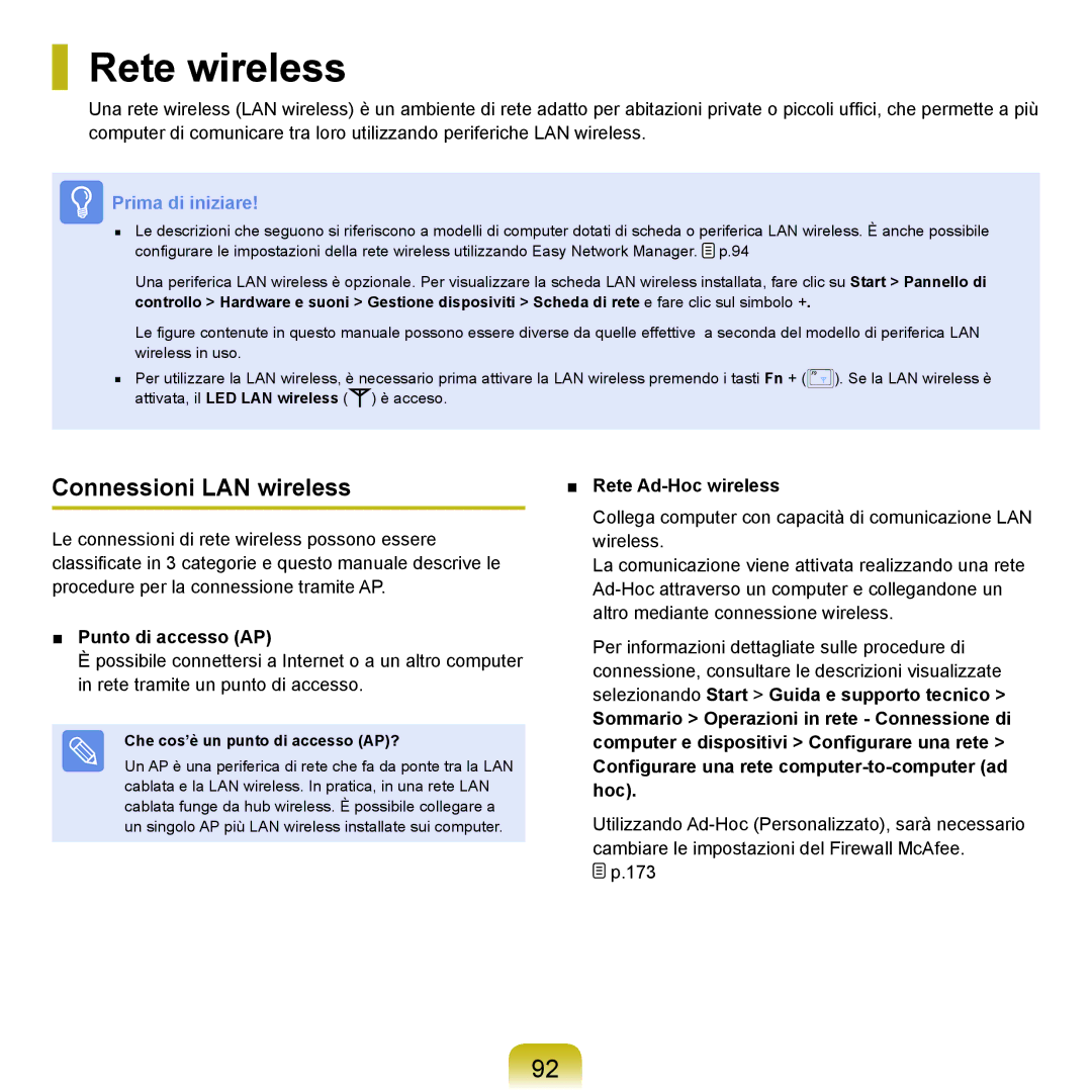 Samsung NP-Q70A000/SEI manual Rete wireless, Connessioni LAN wireless, Punto di accesso AP, Rete Ad-Hoc wireless 