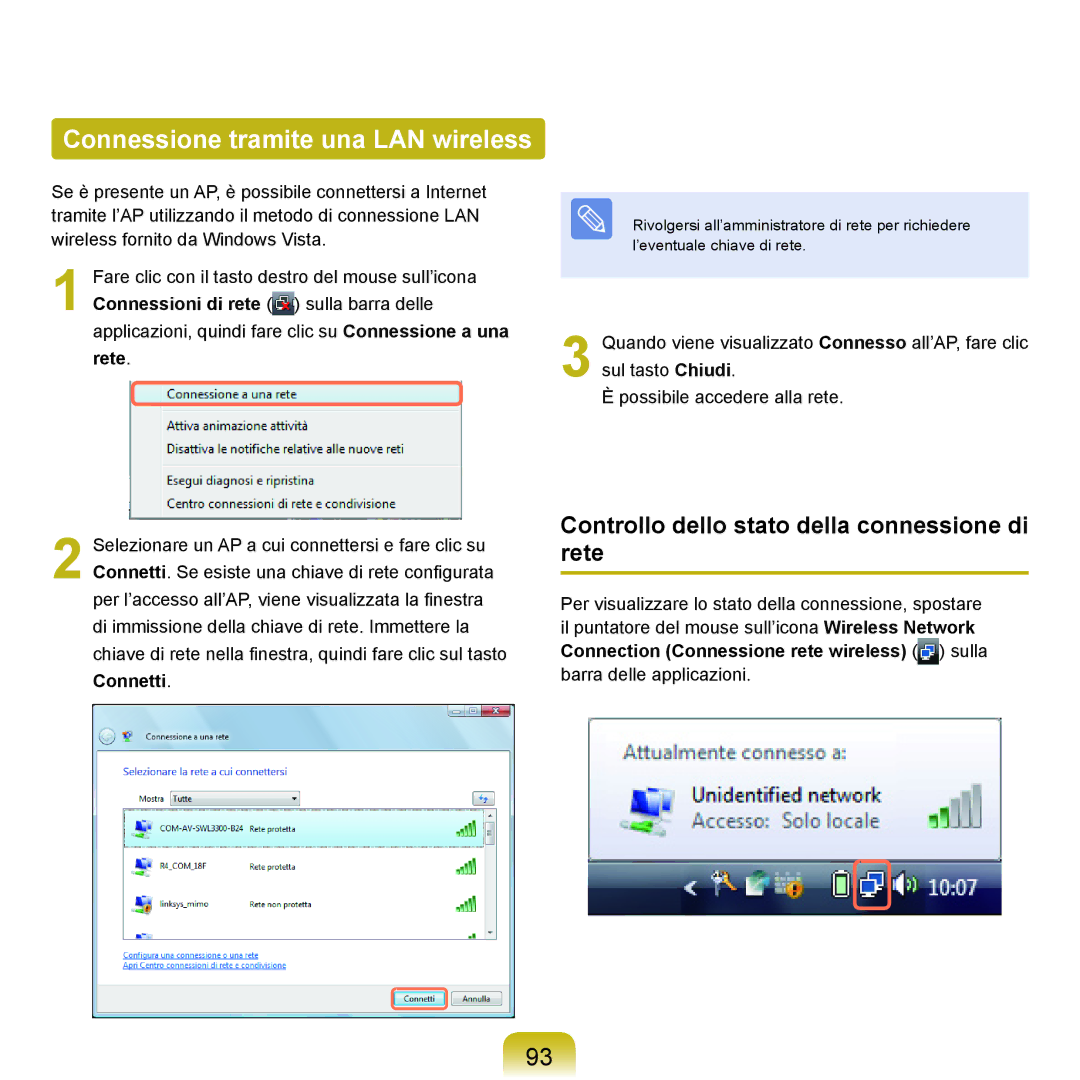 Samsung NP-Q70A000/SEI manual Connessione tramite una LAN wireless, Controllo dello stato della connessione di rete, Rete 