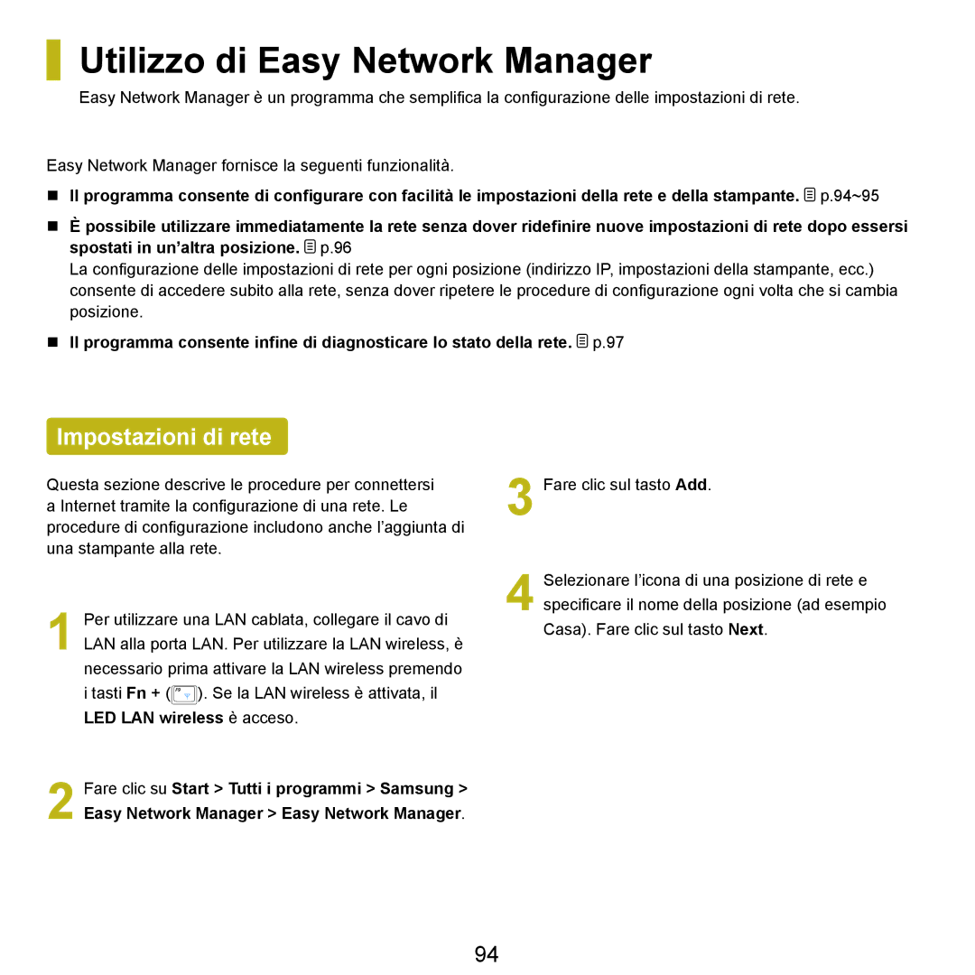 Samsung NP-Q70A000/SEI manual Utilizzo di Easy Network Manager, Impostazioni di rete, LED LAN wireless è acceso 