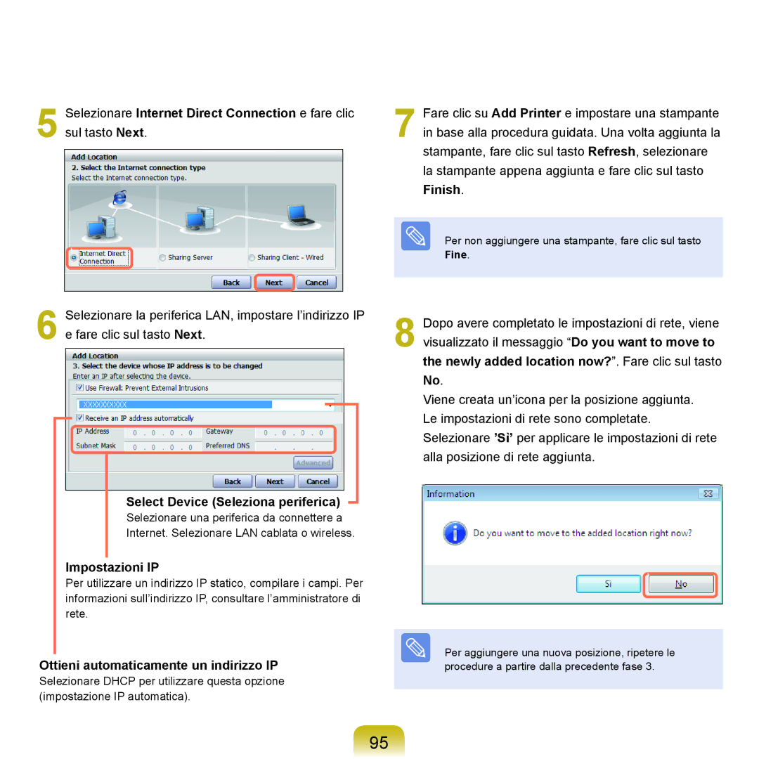 Samsung NP-Q70A000/SEI Select Device Seleziona periferica, Impostazioni IP, Ottieni automaticamente un indirizzo IP, Fine 