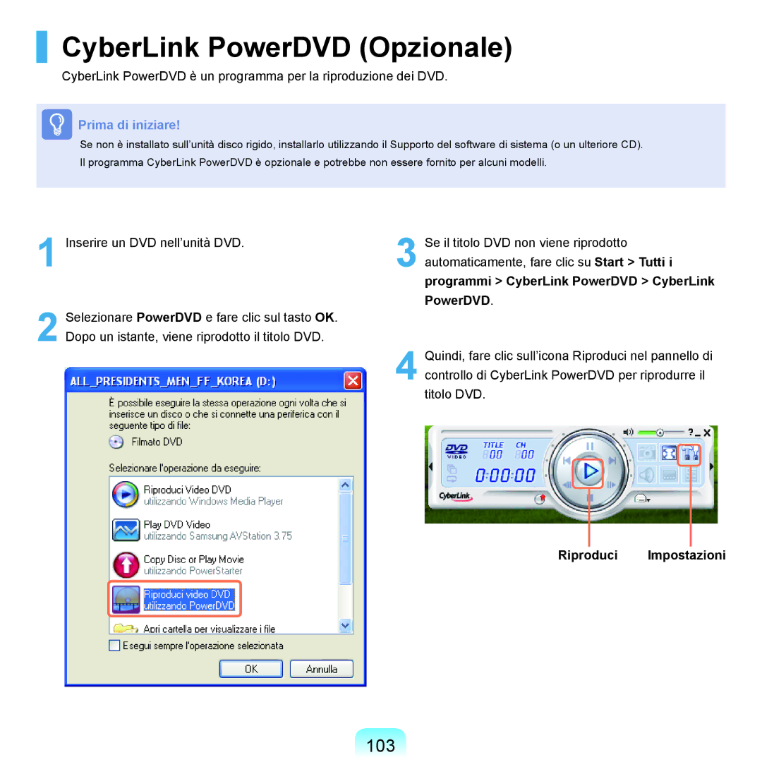 Samsung NP-Q70A000/SEI manual CyberLink PowerDVD Opzionale, 103, Riproduci Impostazioni 