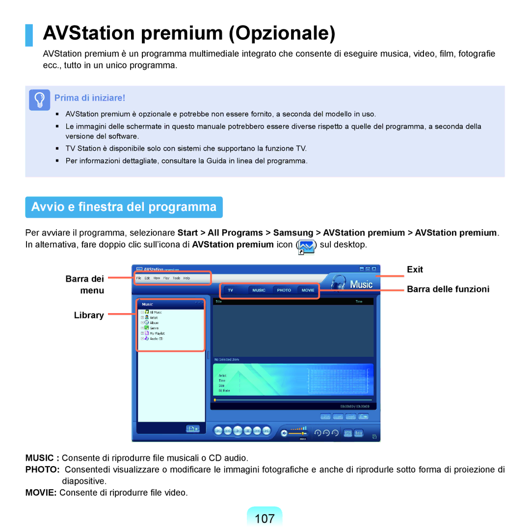 Samsung NP-Q70A000/SEI manual AVStation premium Opzionale, Avvio e finestra del programma, 107 