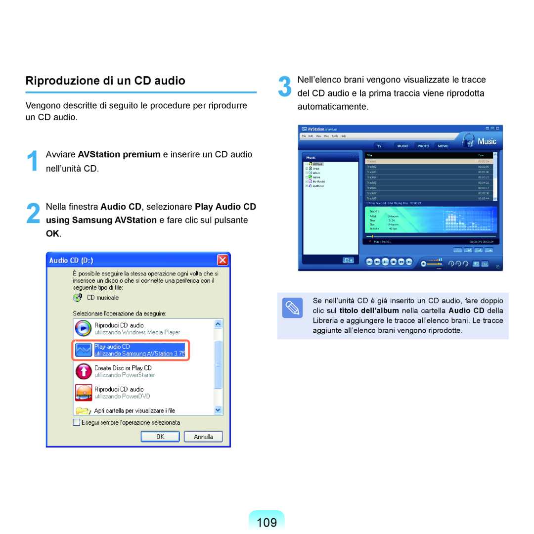 Samsung NP-Q70A000/SEI manual 109, Riproduzione di un CD audio 