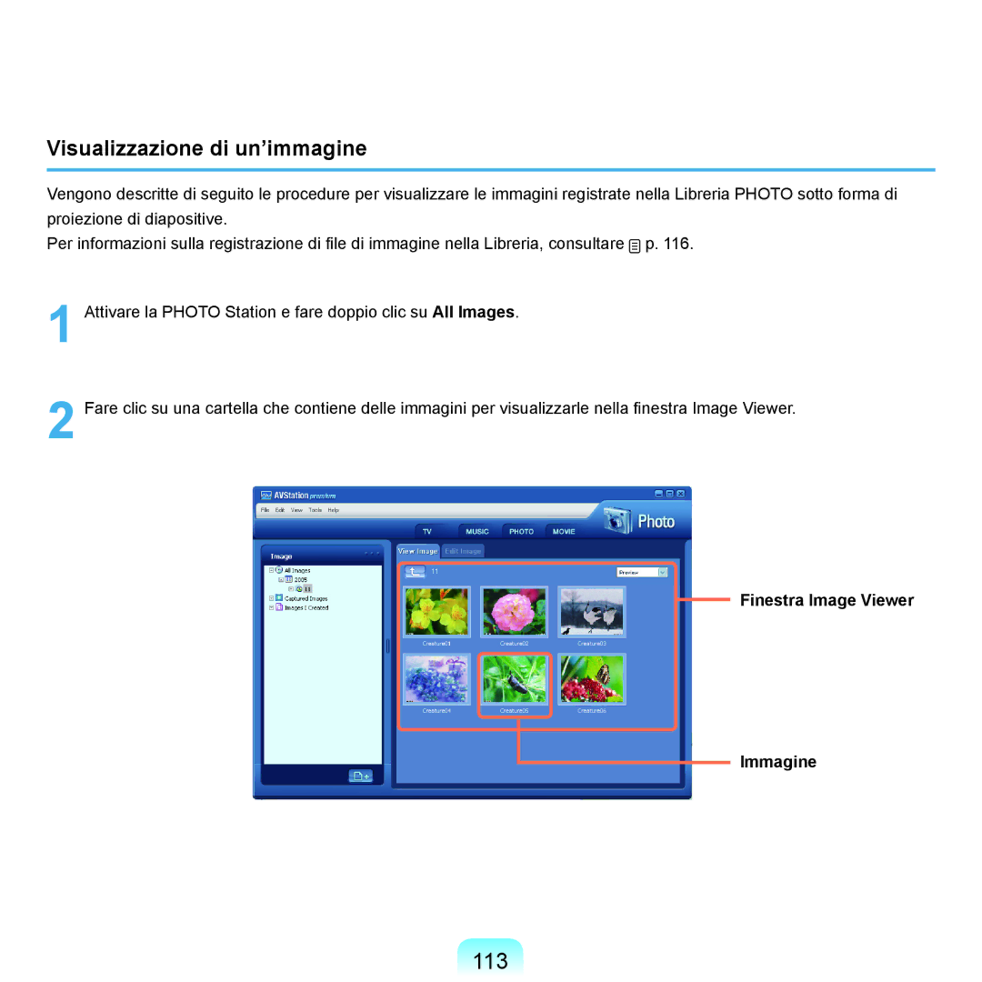 Samsung NP-Q70A000/SEI manual 113, Visualizzazione di un’immagine, Finestra Image Viewer Immagine 