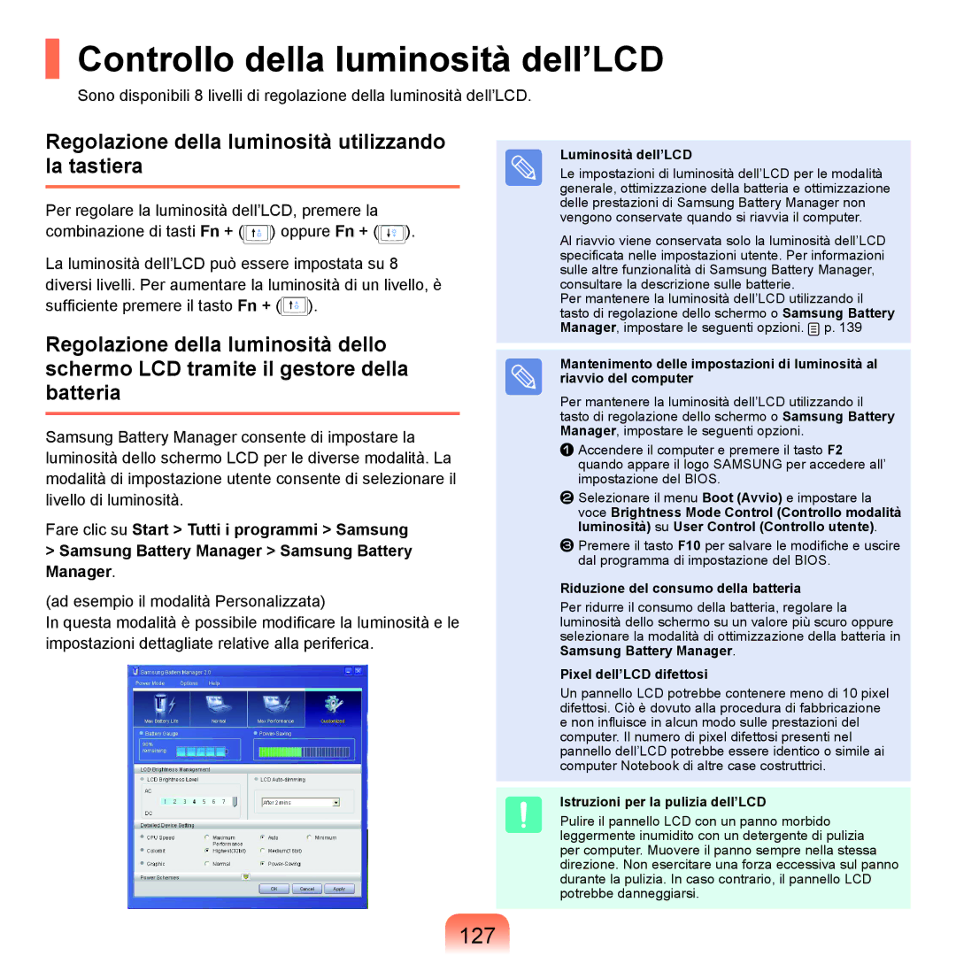 Samsung NP-Q70A000/SEI Controllo della luminosità dell’LCD, 127, Regolazione della luminosità utilizzando la tastiera 