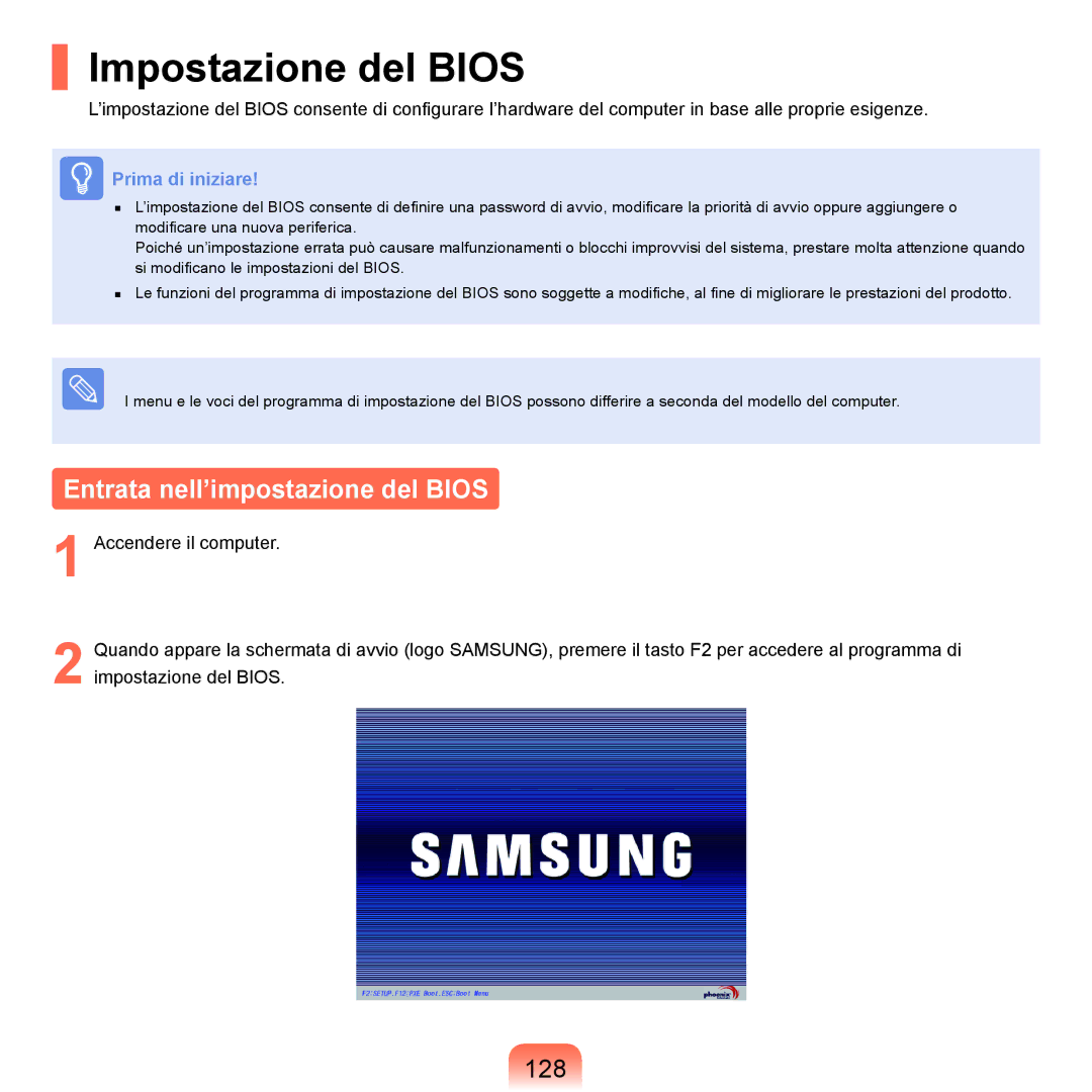 Samsung NP-Q70A000/SEI manual Impostazione del Bios, Entrata nell’impostazione del Bios, 128 