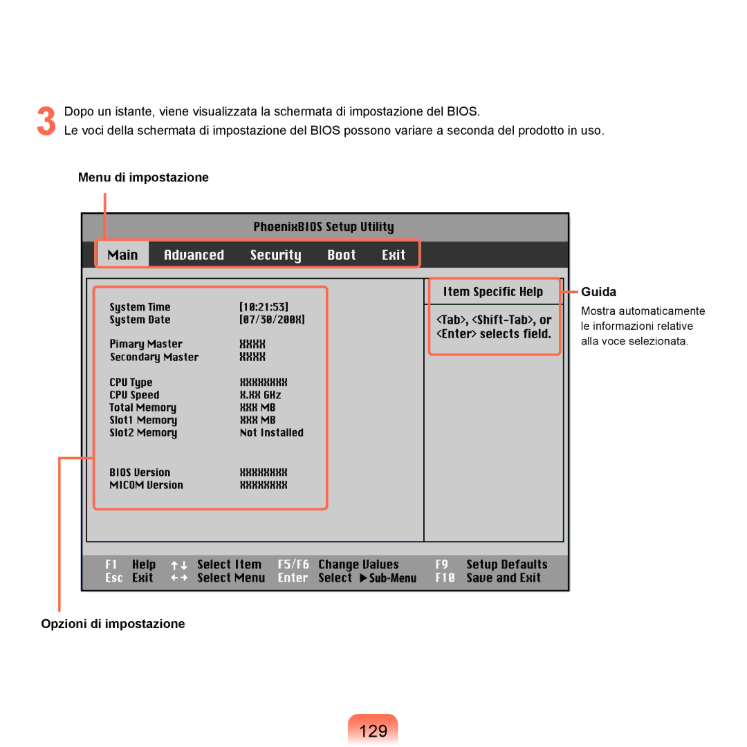 Samsung NP-Q70A000/SEI manual 129, Menu di impostazione Guida, Opzioni di impostazione 