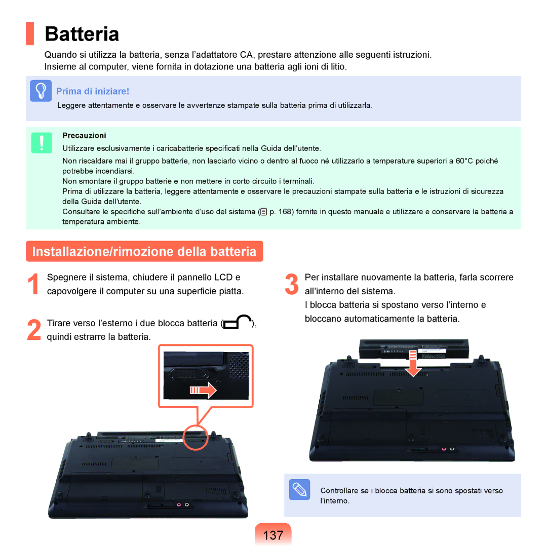 Samsung NP-Q70A000/SEI manual Batteria, Installazione/rimozione della batteria, 137, Precauzioni 