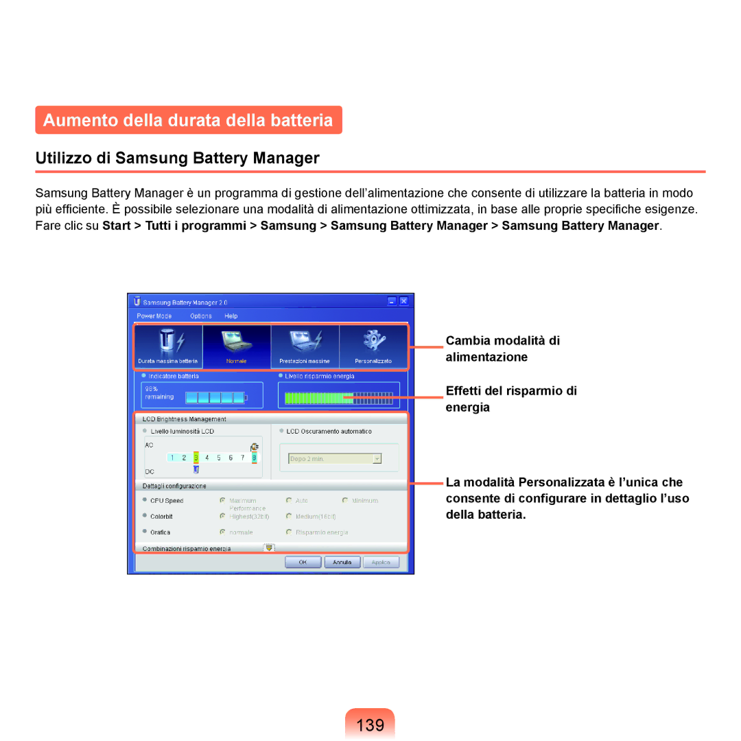 Samsung NP-Q70A000/SEI manual Aumento della durata della batteria, 139, Utilizzo di Samsung Battery Manager 