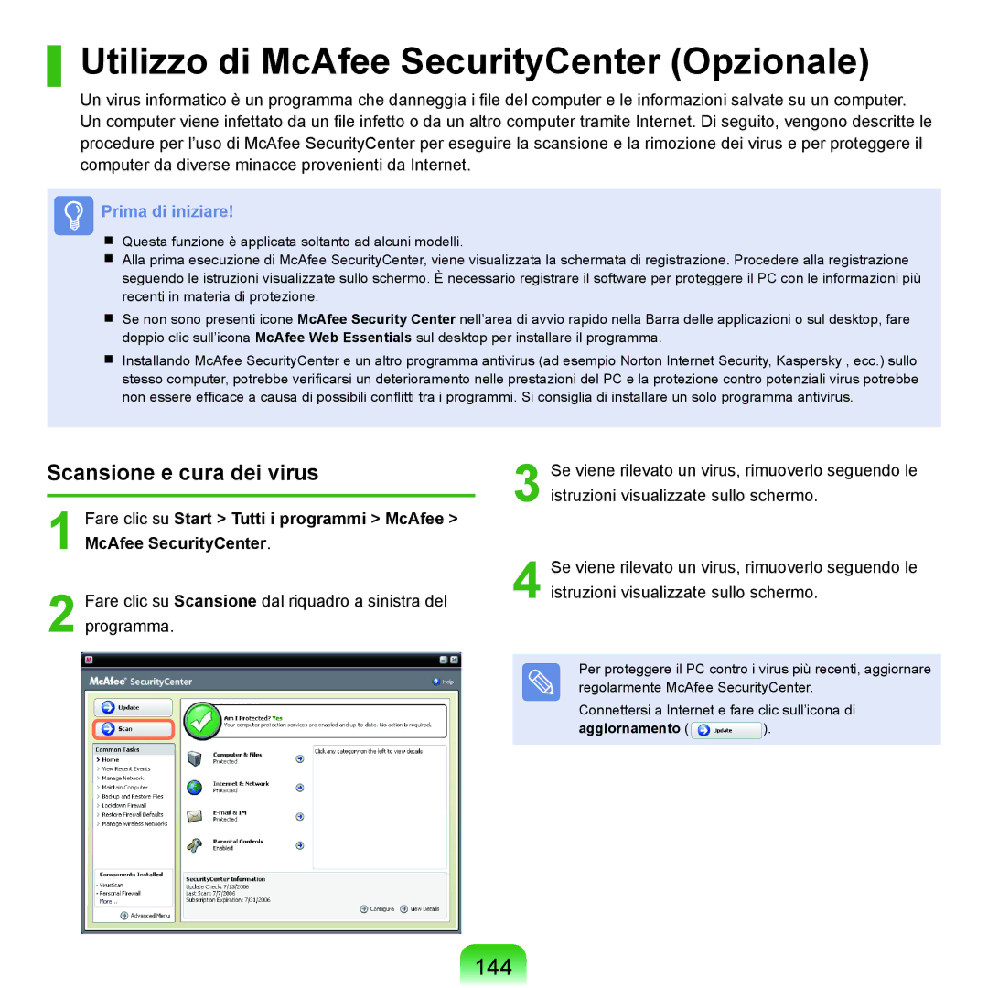 Samsung NP-Q70A000/SEI manual Utilizzo di McAfee SecurityCenter Opzionale, 144, Scansione e cura dei virus, Aggiornamento 