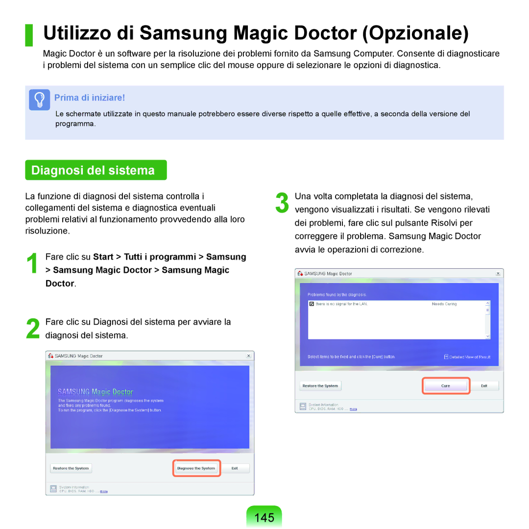 Samsung NP-Q70A000/SEI manual Utilizzo di Samsung Magic Doctor Opzionale, Diagnosi del sistema, 145 