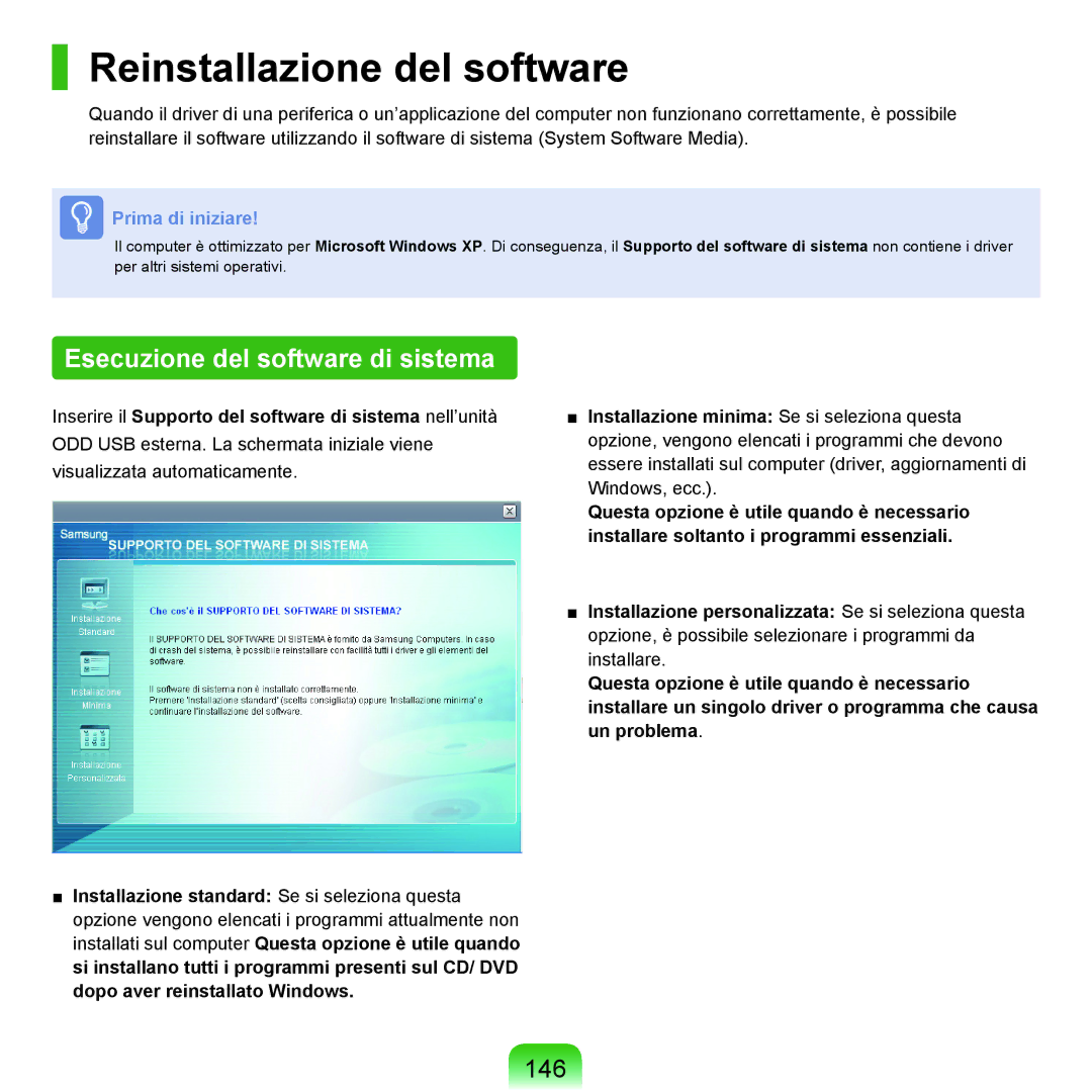 Samsung NP-Q70A000/SEI manual Reinstallazione del software, Esecuzione del software di sistema, 146 