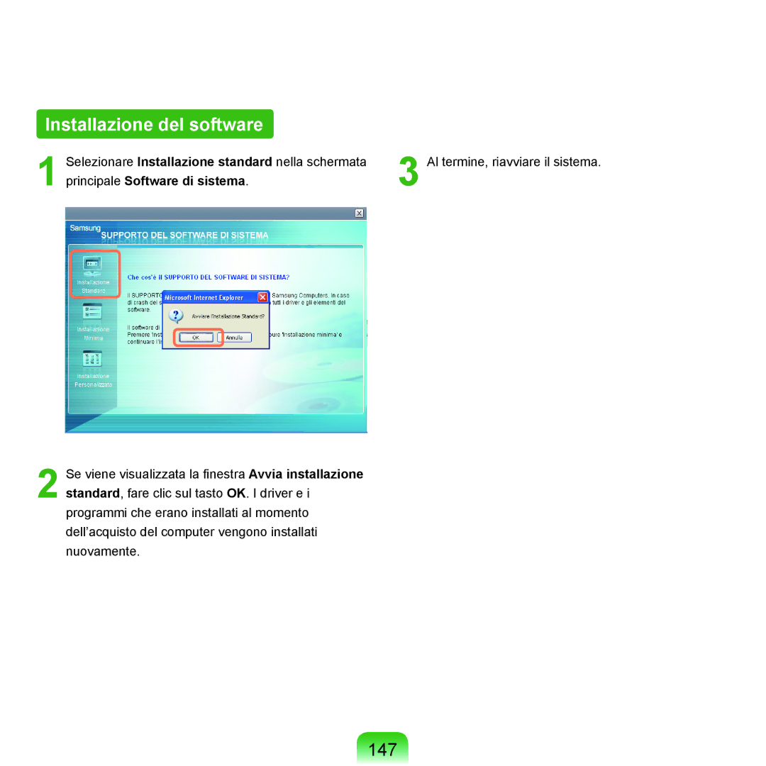 Samsung NP-Q70A000/SEI manual Installazione del software, 147, Principale Software di sistema 