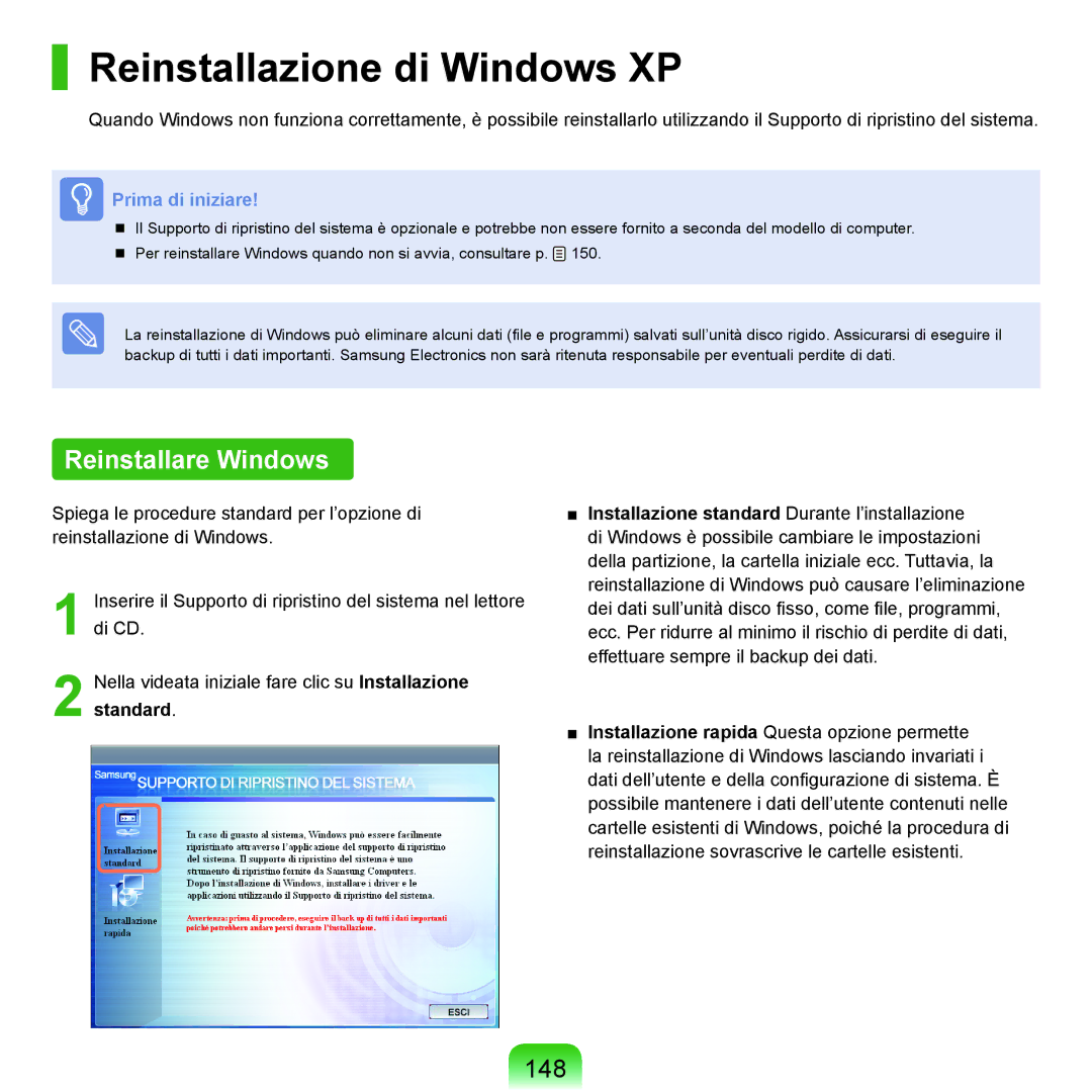 Samsung NP-Q70A000/SEI manual Reinstallazione di Windows XP, Reinstallare Windows, 148 