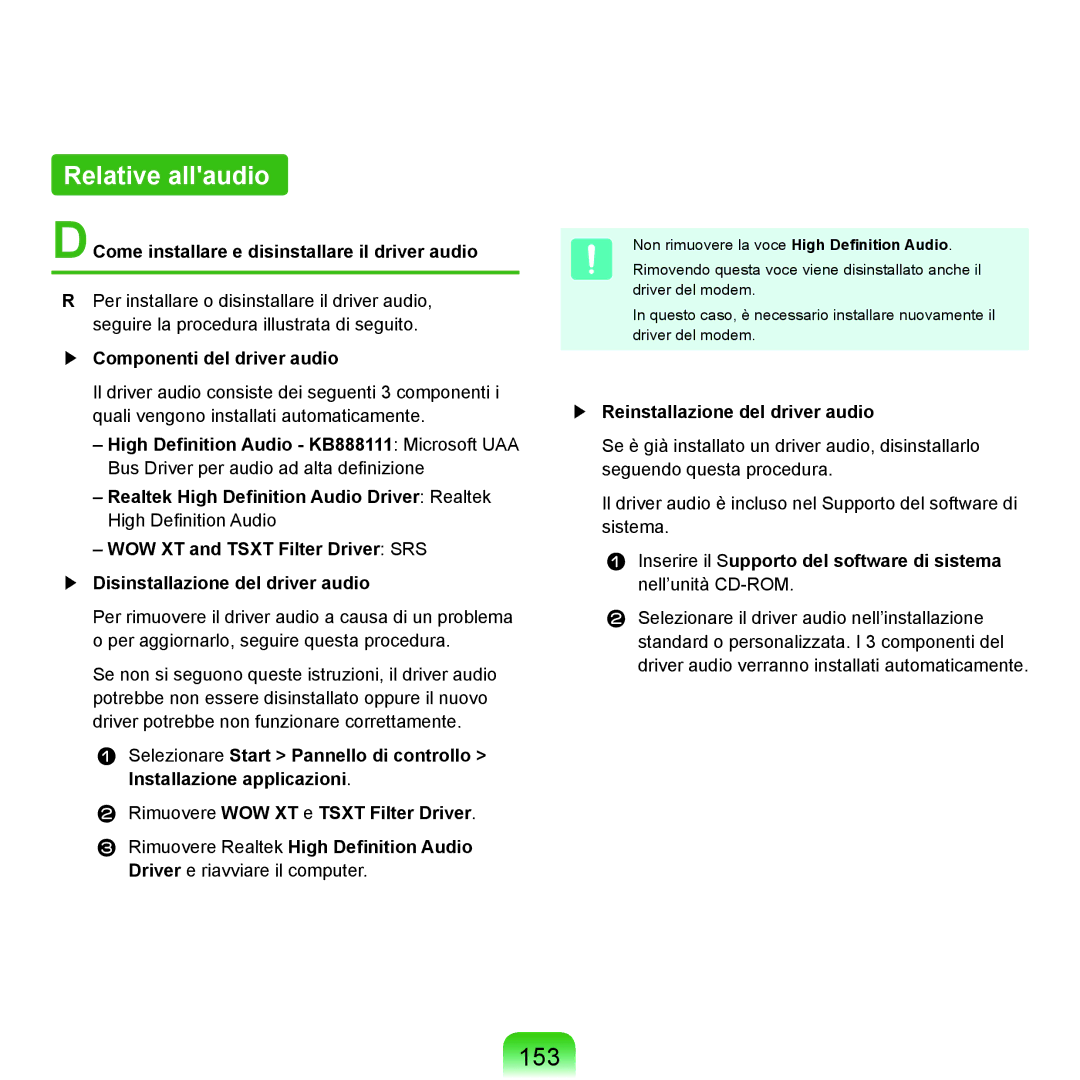 Samsung NP-Q70A000/SEI manual Relative allaudio, 153, DCome installare e disinstallare il driver audio 