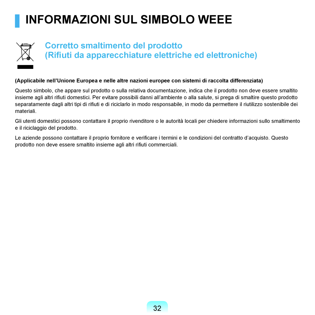 Samsung NP-Q70A000/SEI manual Informazioni SUL Simbolo Weee 